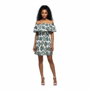 Design Lab Lord & Taylor White Green Leaf Print Off-Shoulder Dress - XS